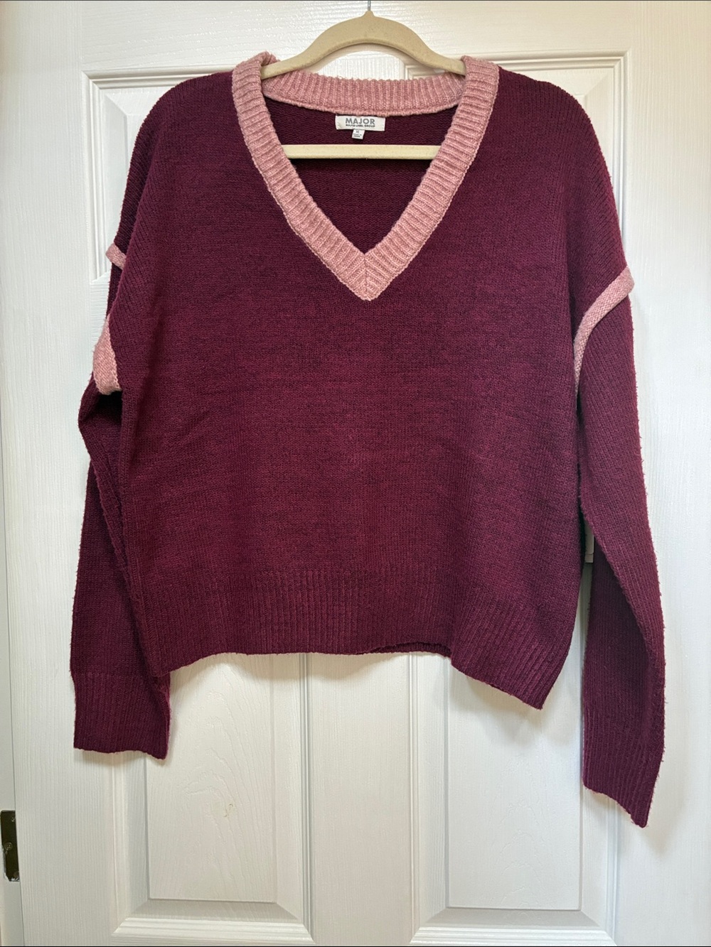 Wine V-Neck Sweater with Blush Contrast Trim
